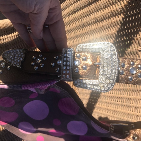 Brown and Pink Polka Dot Belt Buckle Handbag - Picture 3 of 7